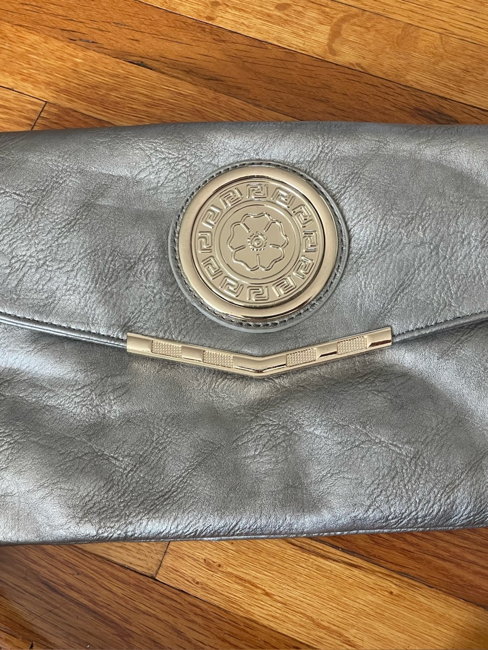 Metallic Silver Crossbody Clutch with Gold Accent